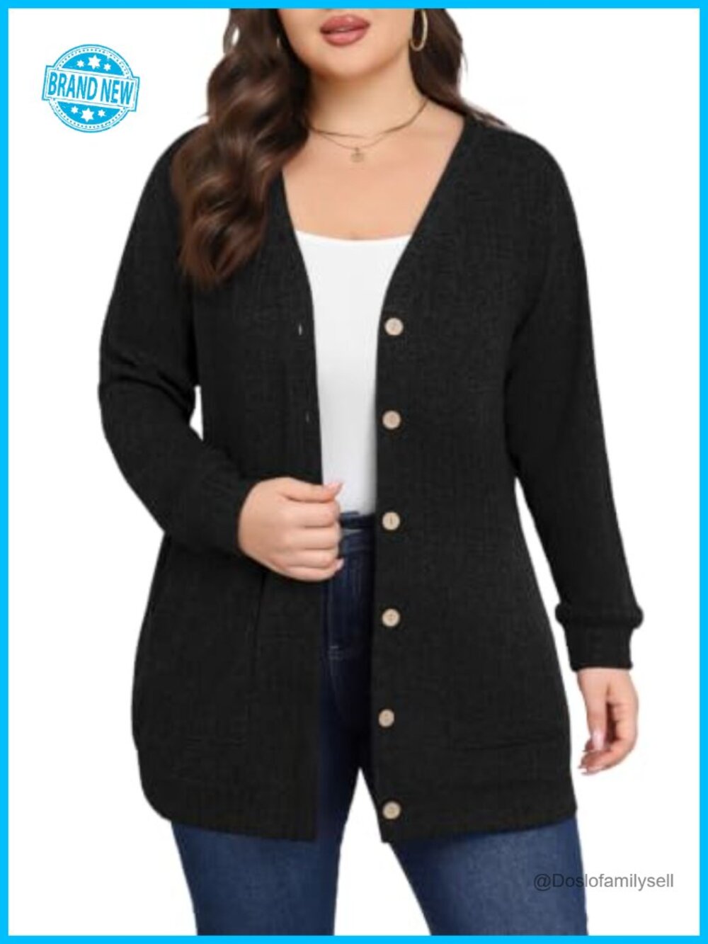 Plus Size Cardigan Button Up V-Neck Sweater with Pockets